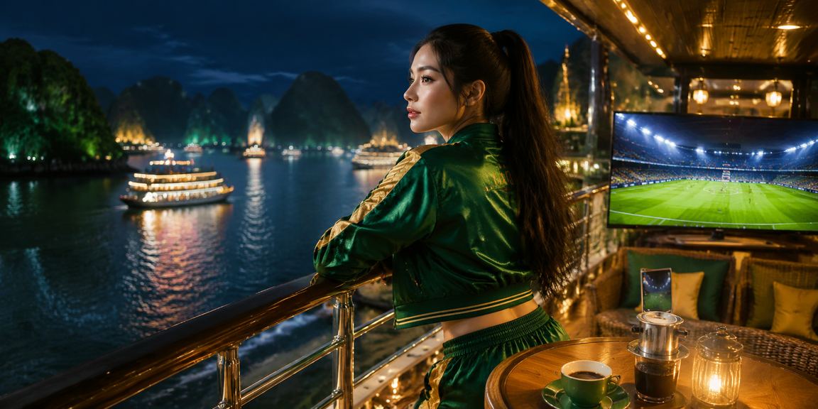 Người dùng thưởng thức cà phê và trải nghiệm cá cược trực tuyến tại vùng biển Hạ Long